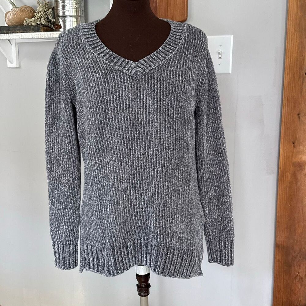 Orvis chenille v neck sweater womens size medium gray cozy soft warm comfy winte